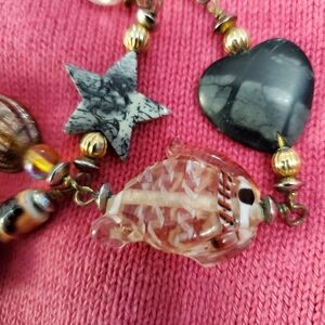 Bohemian SAFARI Beaded and African Charm Necklace with Silver Accents. 30"